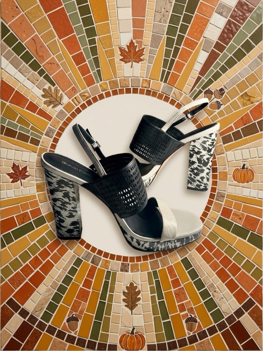 Calvin Klein Breannie Black and White Patterned Block-Heel Slide Sandals